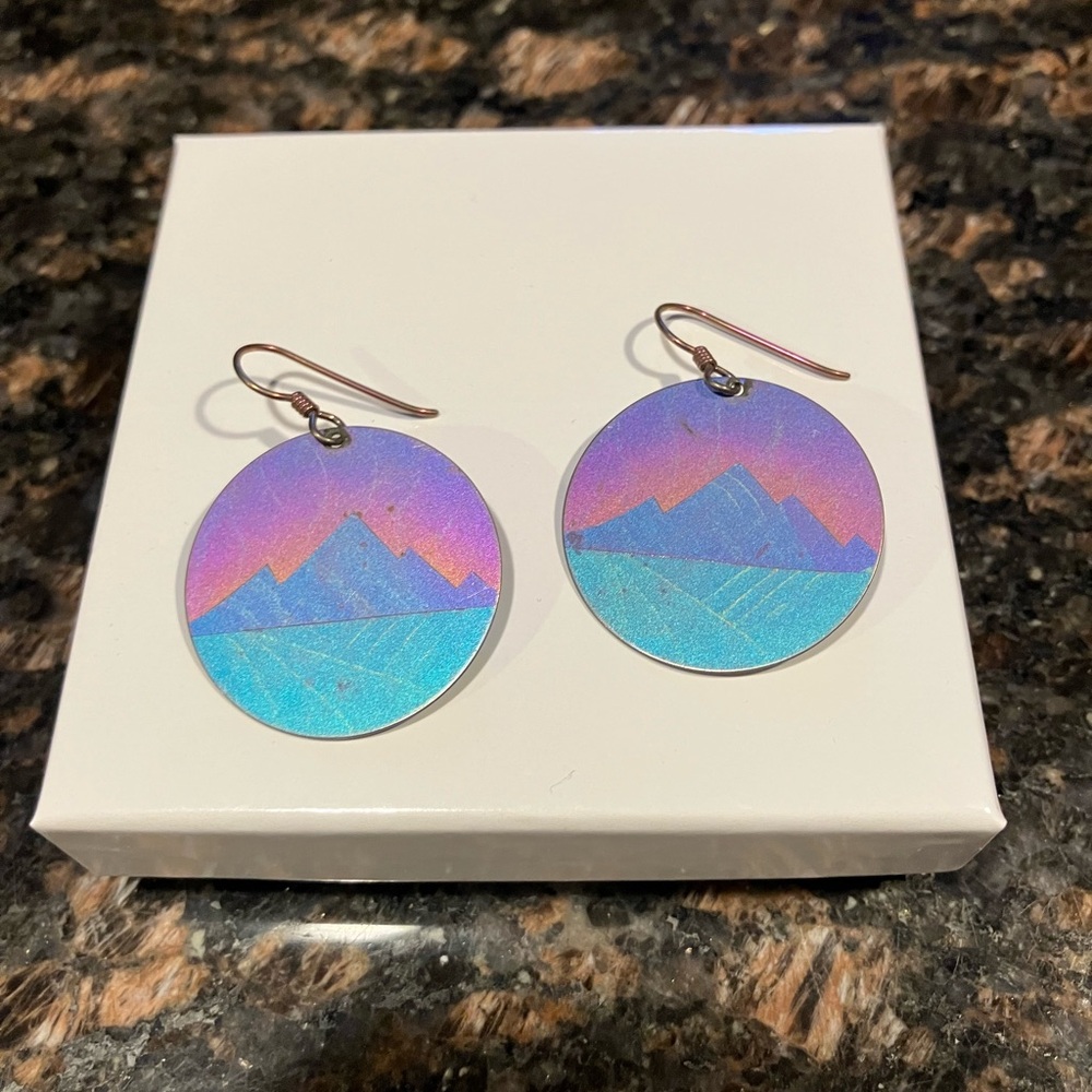 Colorful vintage Holly Yashi Mountain Scene Earrings